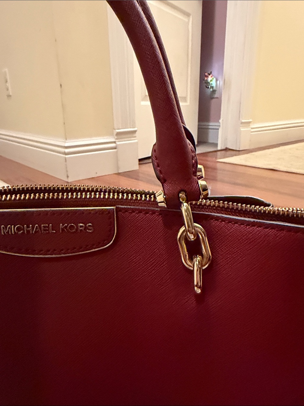 Michael Kors Red Burgundy Saffiano Leather Satchel with Gold Hardware - Picture 4 of 12